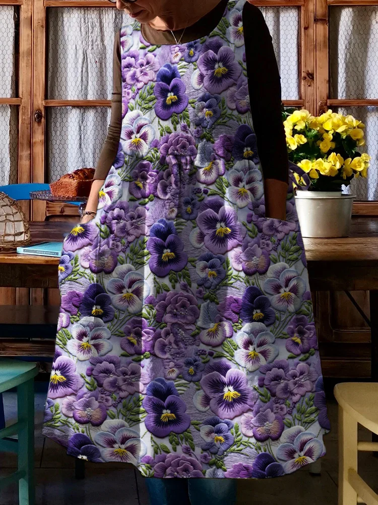 VChics Pansy Floral Embroidery Pattern Pinafore Midi Dress