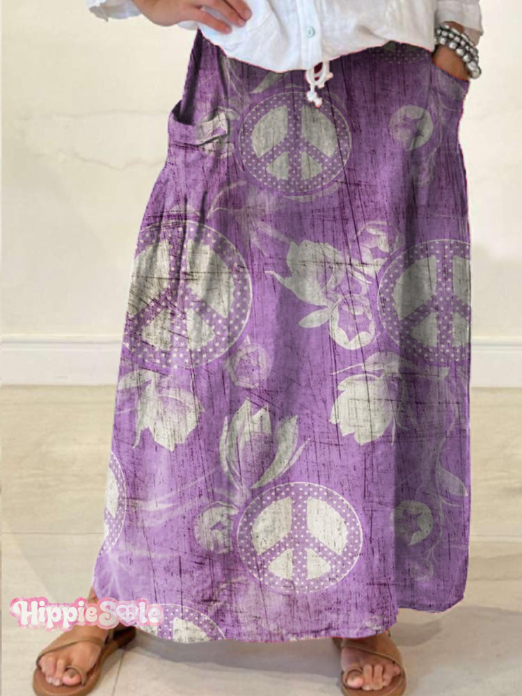 Women’s Retro Hippie Art Print Linen Pocket Skirt As Picture / S