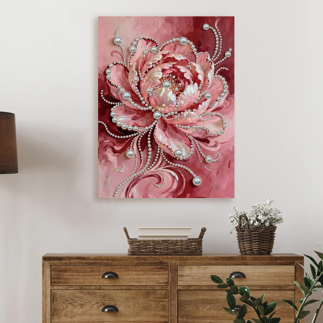 Pink Flowers DIY Pearl Diamond Art Kit for Adults Home Decor With Frame 30x40cm