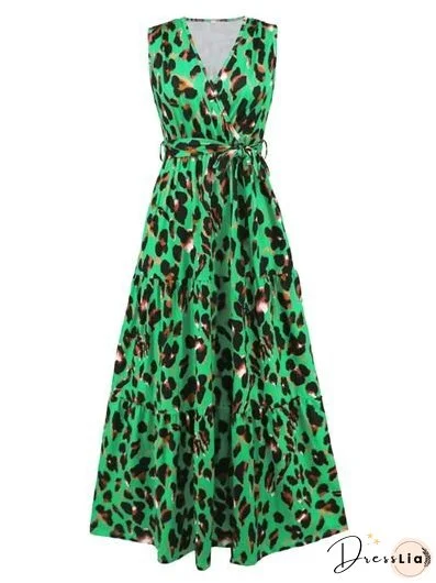 Tied Printed Surplice Tiered Tank Dress