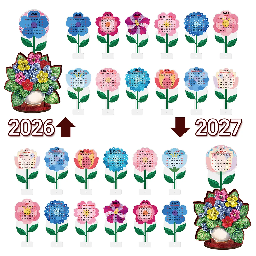 2026 Calendar DIY Diamond Art Kit Flower Pot Wooden Diamond Painting Calendar