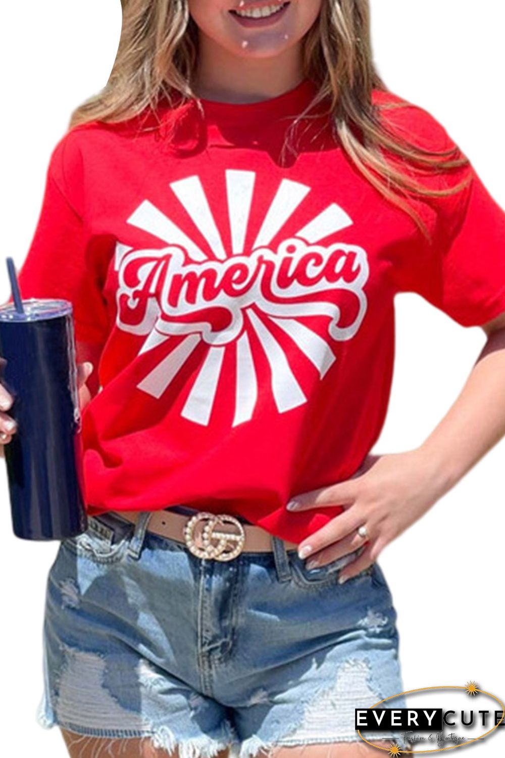 Red America Graphic Print Independence Day Short Sleeve T Shirt