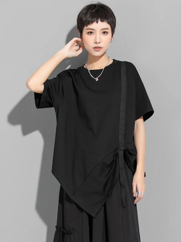 Urban Solid Color Asymmetric Round-Neck T-Shirt Top