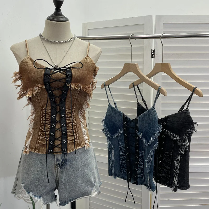 Uveng Real Shooting Do The Old Fur Side Of The Denim Splicing Pu Skin Lace Sling Vest Short Without Sleeve Top 618