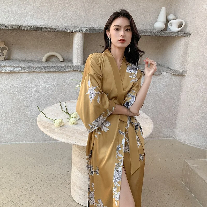 Half Sleeve Wedding Robe Nightgown Print Flower Long Kimono Bathrobe Gown  Women Spring Summer Rayon Home Dress Sleepwear