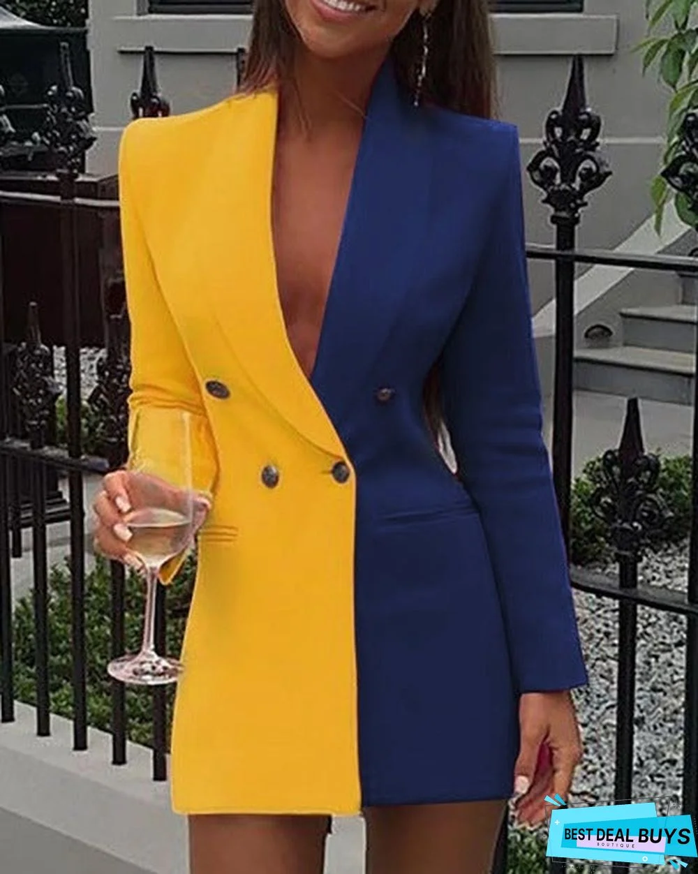 Color Block Patchwork Long Sleeve Blazer Dress