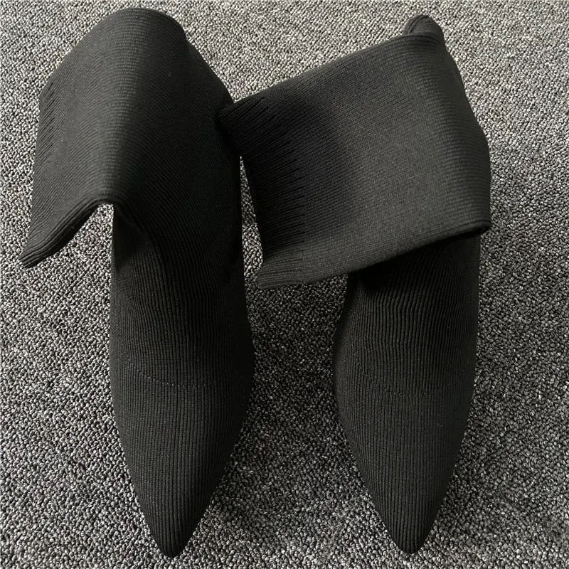 2022 Women Stretch Knitted Sock Boots 7cm 9cm High Heels White Ankle Boots Stripper Low Block Heel Lady Warm Winter Chunky Shoes