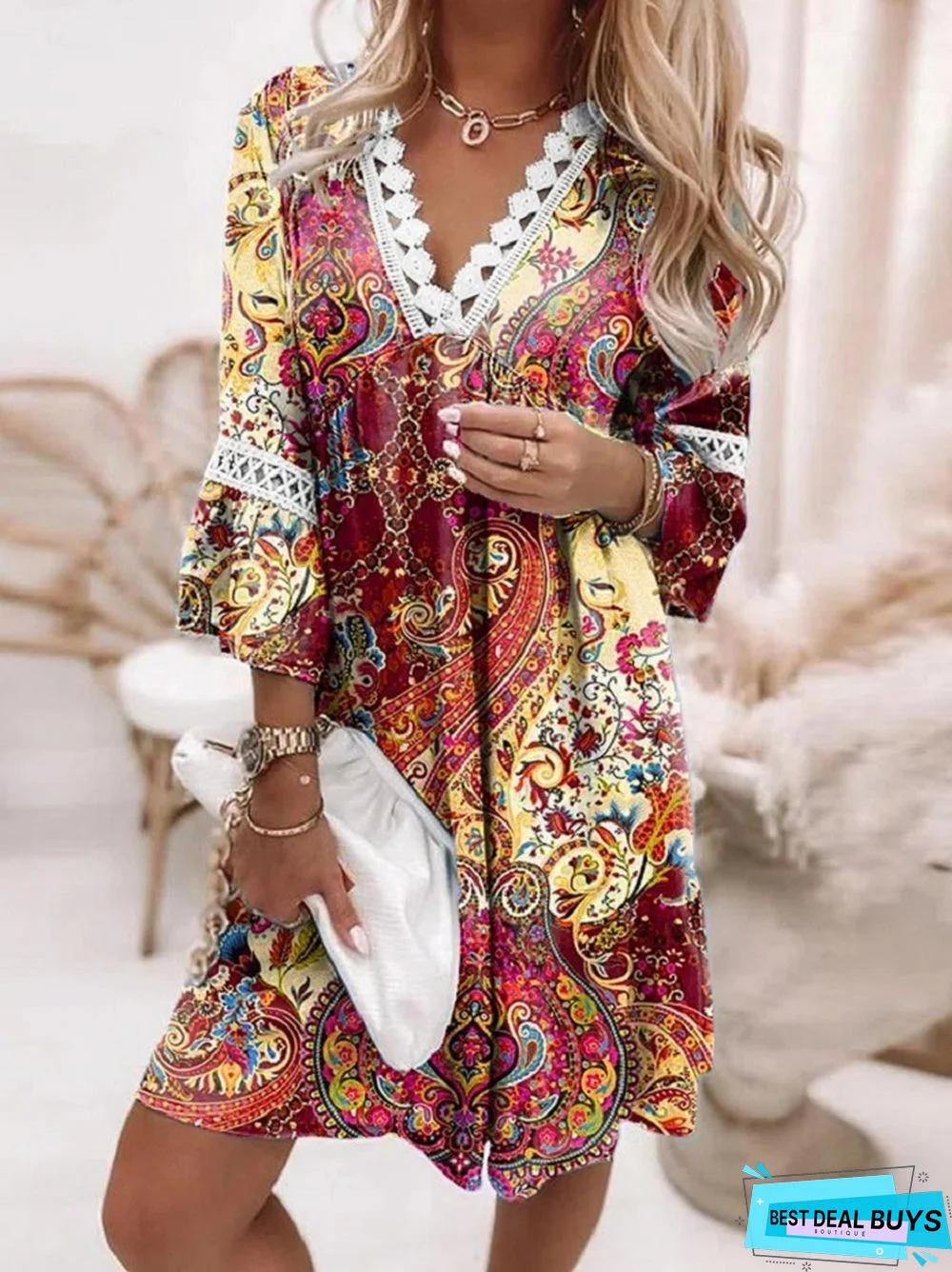 V-neck Printed Lace Stitched Bohemian Casual Holiday Dress