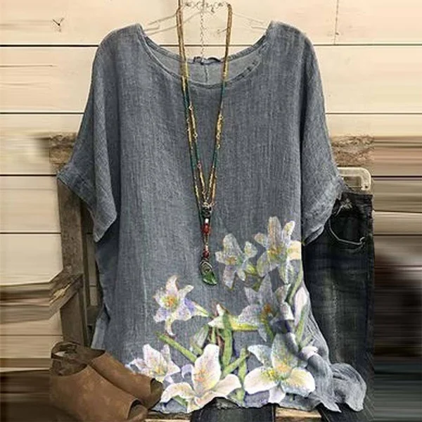 Floral Printed Round Neck Short Sleeve Casual Tops