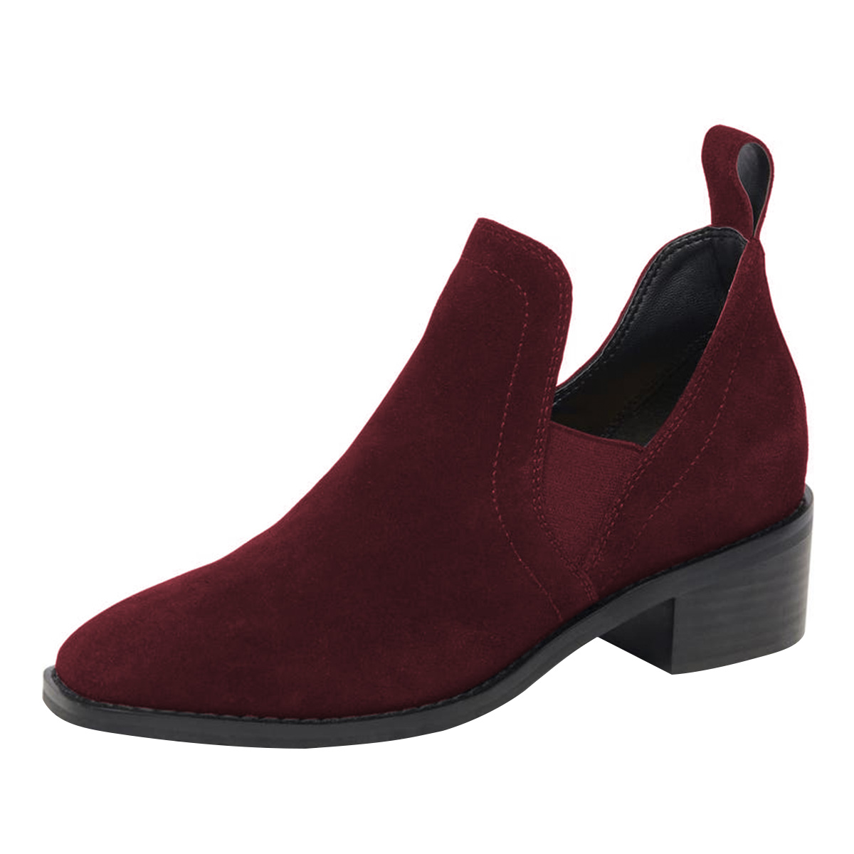 Maroon Round Toe Block Heel Ankle Boots for Women with Pull Tab Nicepairs