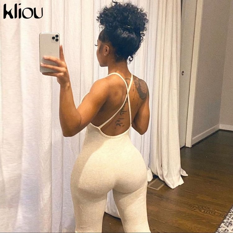 Kliou v-neck skinny sexy jumpsuit women summer hollow out partywear halter sleeveless streetwear outfit fitness backless - BlackFridayBuys