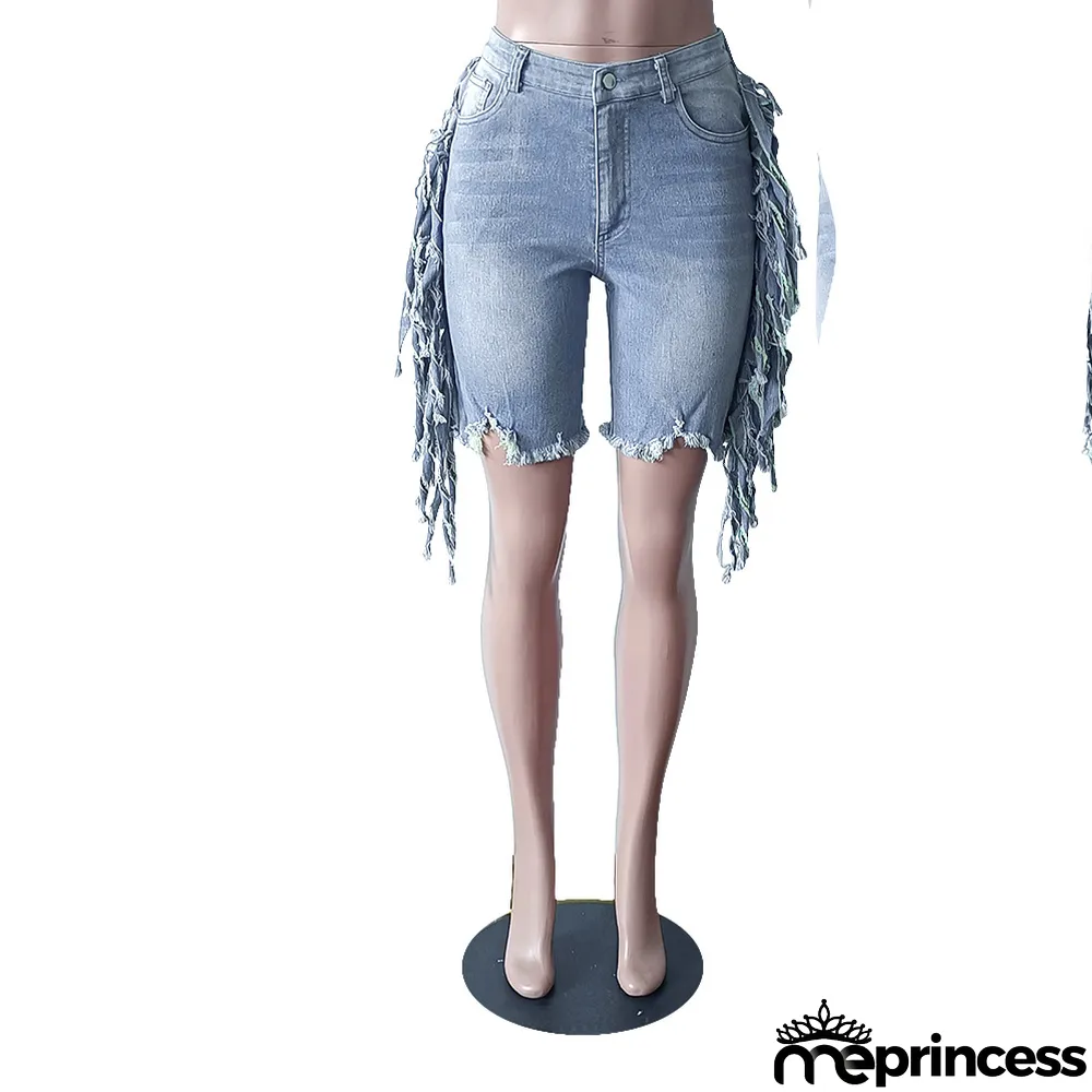 Summer Denim Stretch Pants Tassel Denim Stretch Knee-Length Shorts