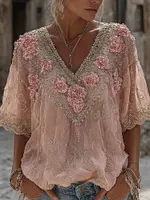 Women's Vintage Spring Floral Embroidered Art Print Flowy Linen Blend Short Sleeve Casual Tops