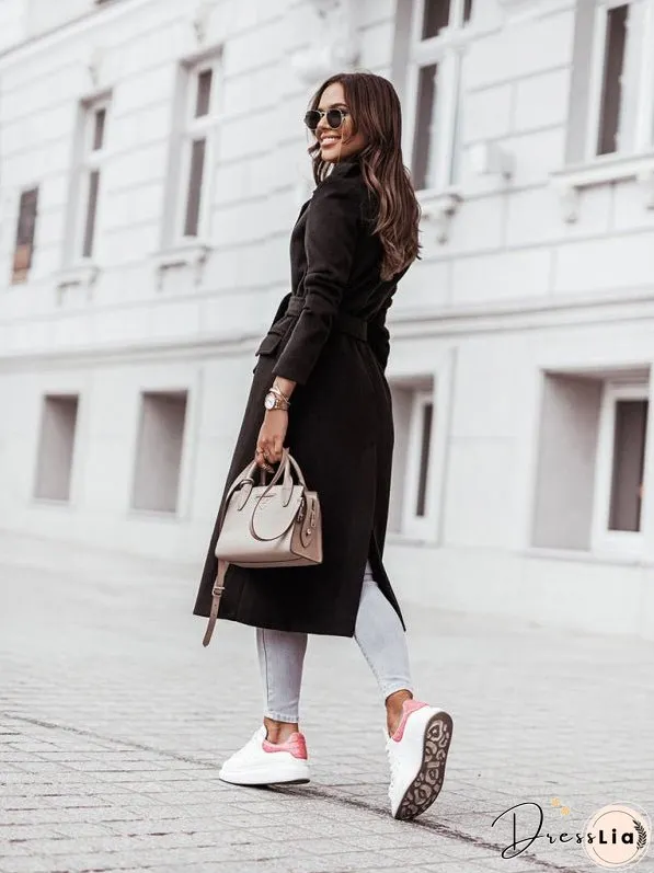Autumn and Winter Simple Long-Sleeved V-Neck Tie Jacket