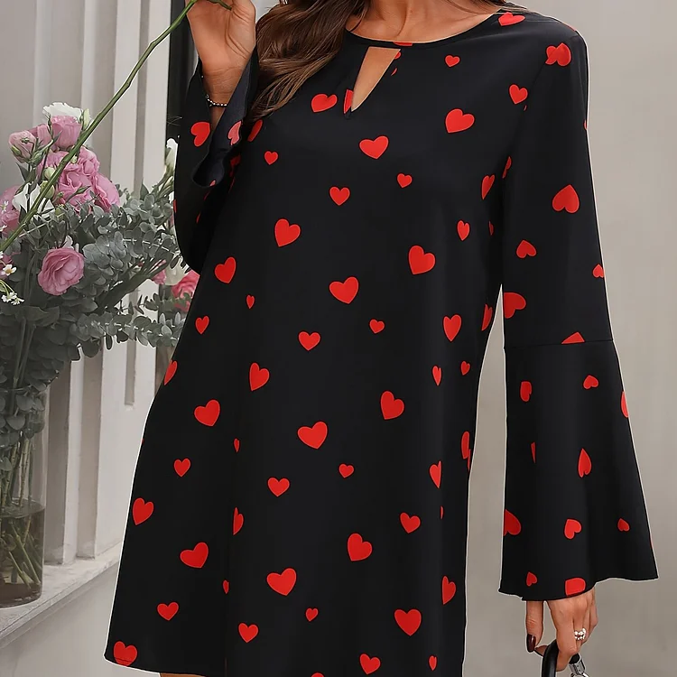 Heart Print Keyhole Dress, Elegant Flare Sleeve Dress For Spring & Fall, Women's Clothing