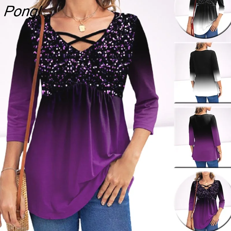 Pongl Spring Vintage 3D Printed Slim 3/4 Sleeve T-shirt Female Clothing All-match Elegant Tops Women Tunic Oversized T Shirt 5XL