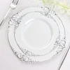 10 Pack | 8" Round Plastic Dessert Salad Plates In Vintage White, Silver Leaf Embossed Baroque Disposable Plates
