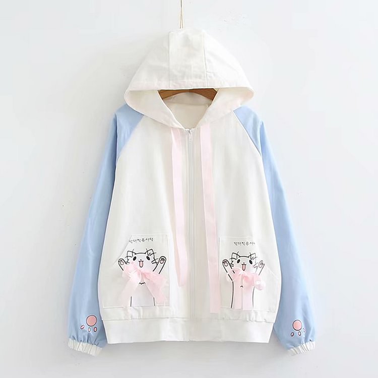 Cartoon Kitty Print Bow Decor Pockt Colorblock Hooded Coat - Modakawa modakawa