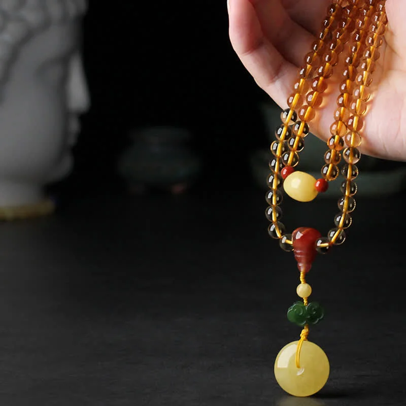 Natural Citrine Amber 108 Mala Beads Peace Buckle Red Agate PiXiu Protection Charm Bracelet