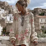 Women's Vintage Pink Flowers Art Cozy Knit Pullover Mini Sweater Dress - Image 2