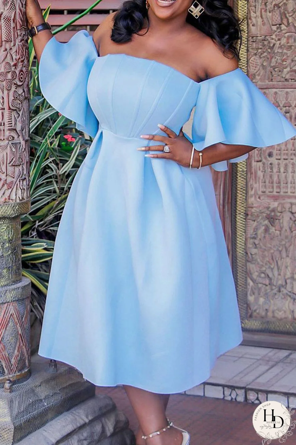 Sky Blue Elegant Solid Patchwork Off the Shoulder Evening Dress Dresses