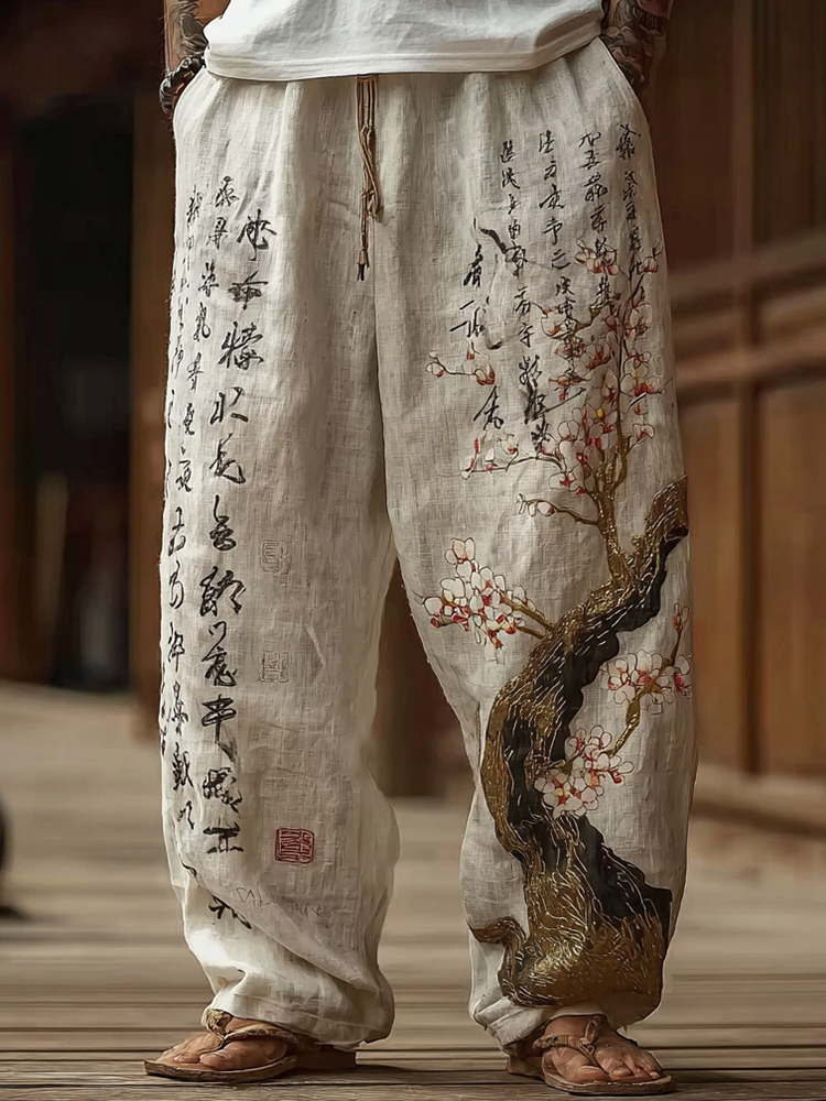 Japanese Art Style Sakura And Calligraphy Pattern Leisure Linen Long Pants  artssus