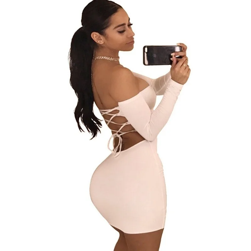 Spring Autumn Long Sleeve Dress Women'S  Off Shoulder Black Backless Lace Up Club Bodycon Mini Dress