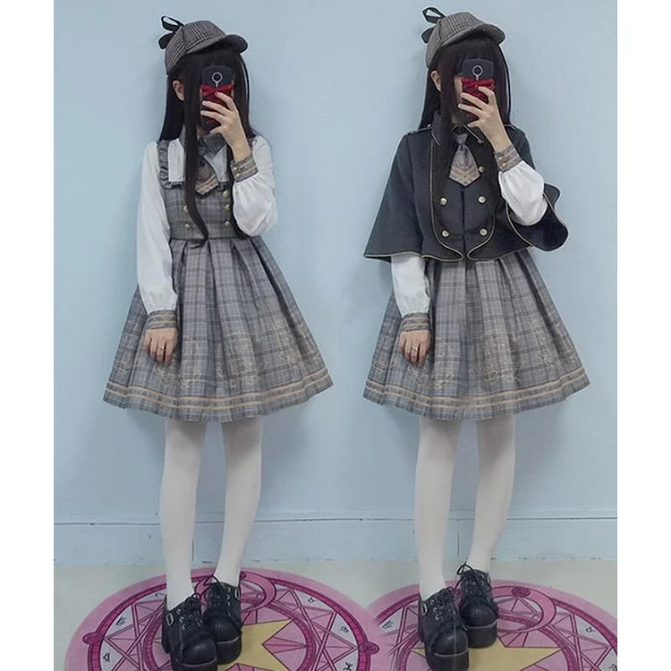 Brown/Grey Vintage Bear Grid Lolita Dress/Poncho SP1710738