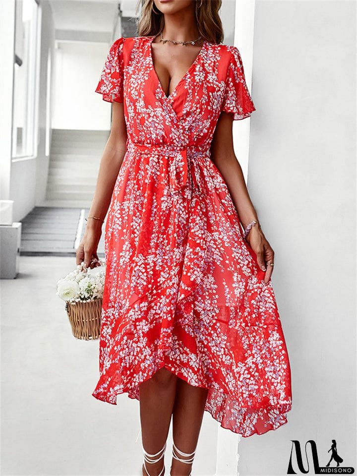 MidiSono - Sexy V-Neck Floral Printed Irregular Hem Dresses