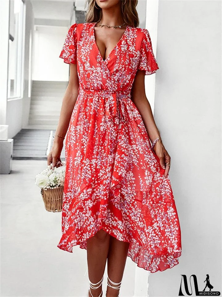 MidiSono - Sexy V-Neck Floral Printed Irregular Hem Dresses