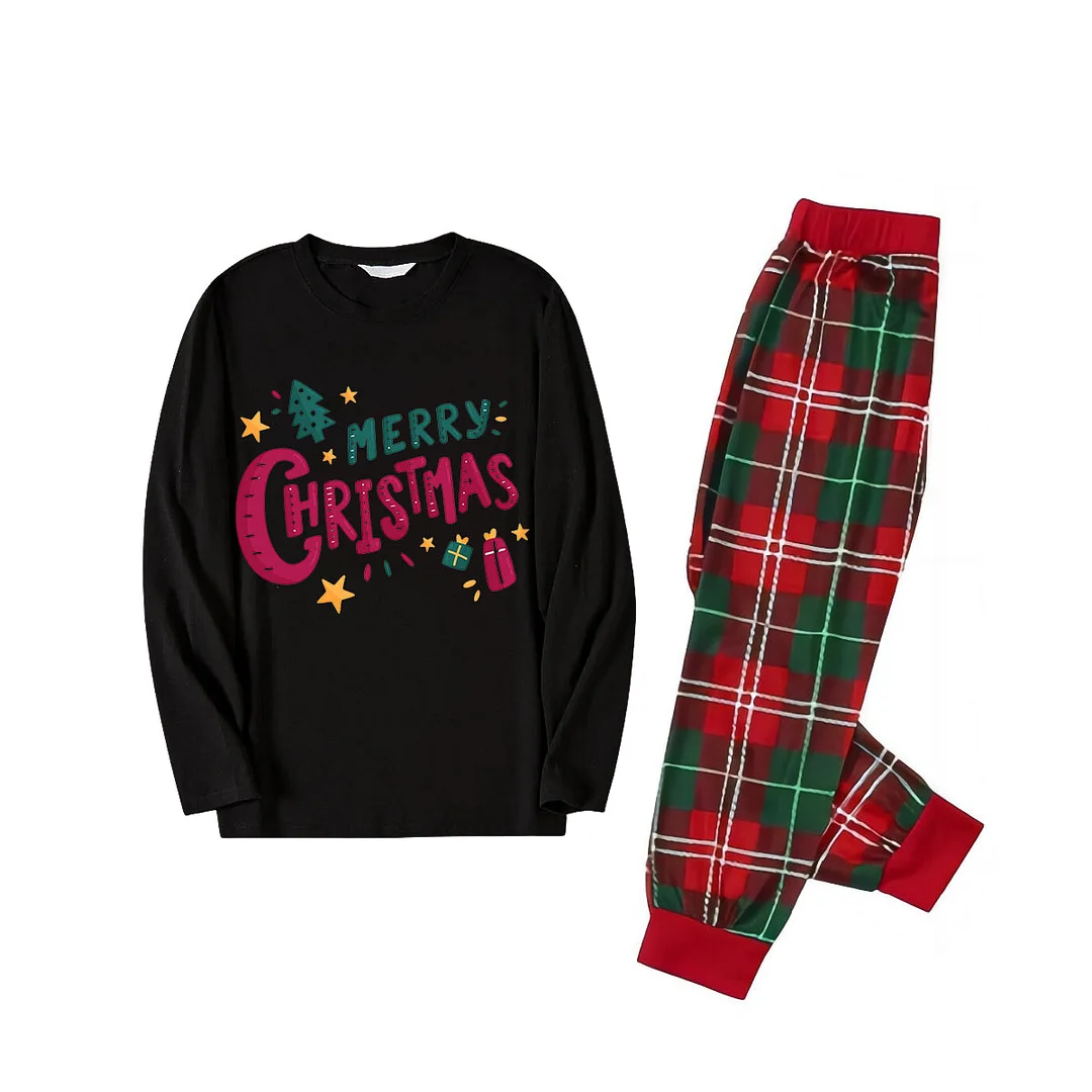 "Merry Christmas" With  Little Decorations - Black Long Sleeves with Green&Red&White Plaid Pants Family Matching Pajamas