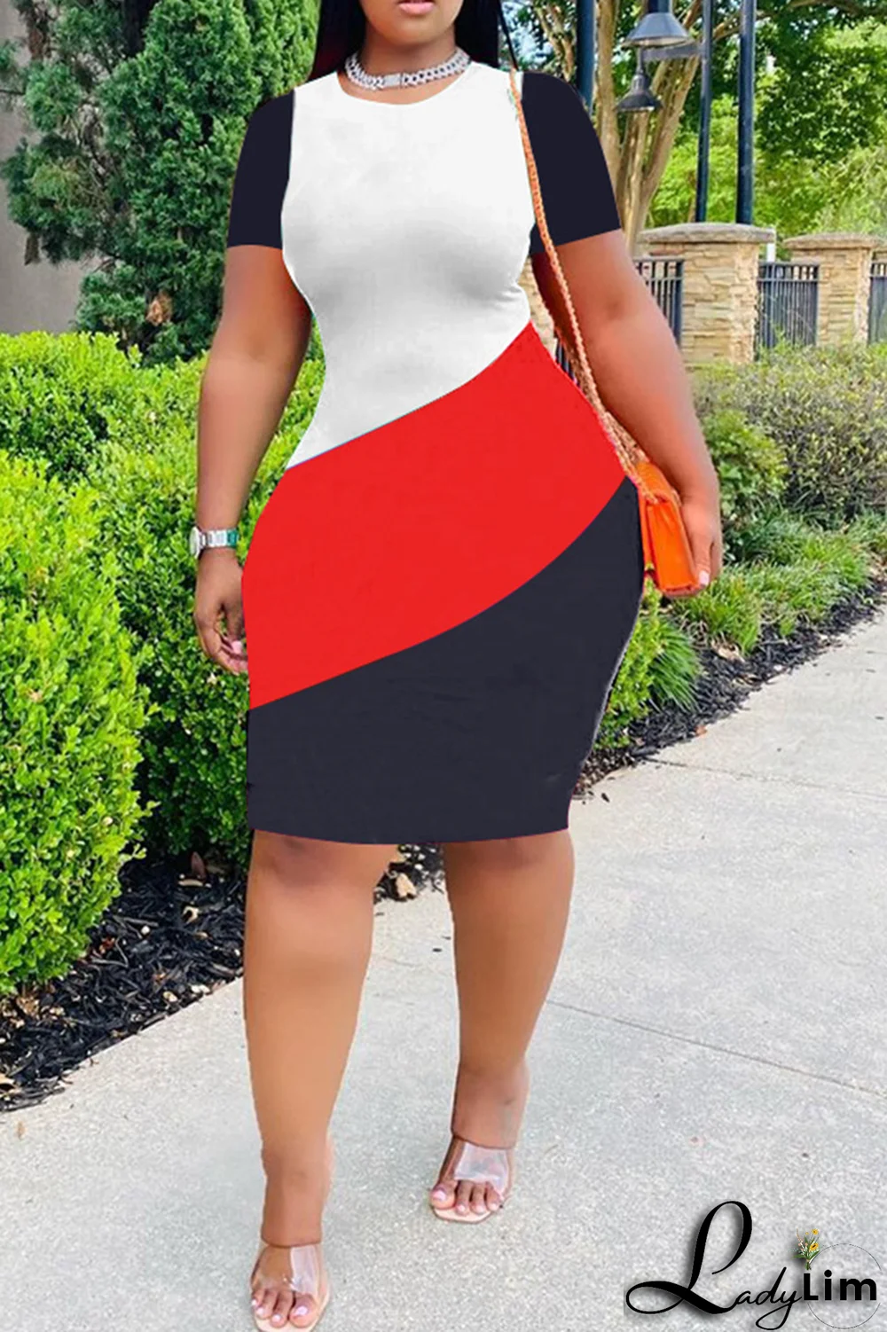 Red Fashion Striped Patchwork O Neck Plus Size Dresses