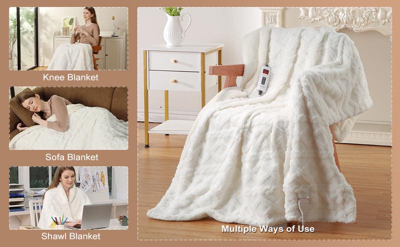 GARVEE Heated Throw Blanket - Thick Tufted Sherpa Electric Blanket Throw with 10 Heating Levels and 10 Time Settings, ETL Certified Machine Washable Fast Heating Blanket Throw 50"×60", Off White