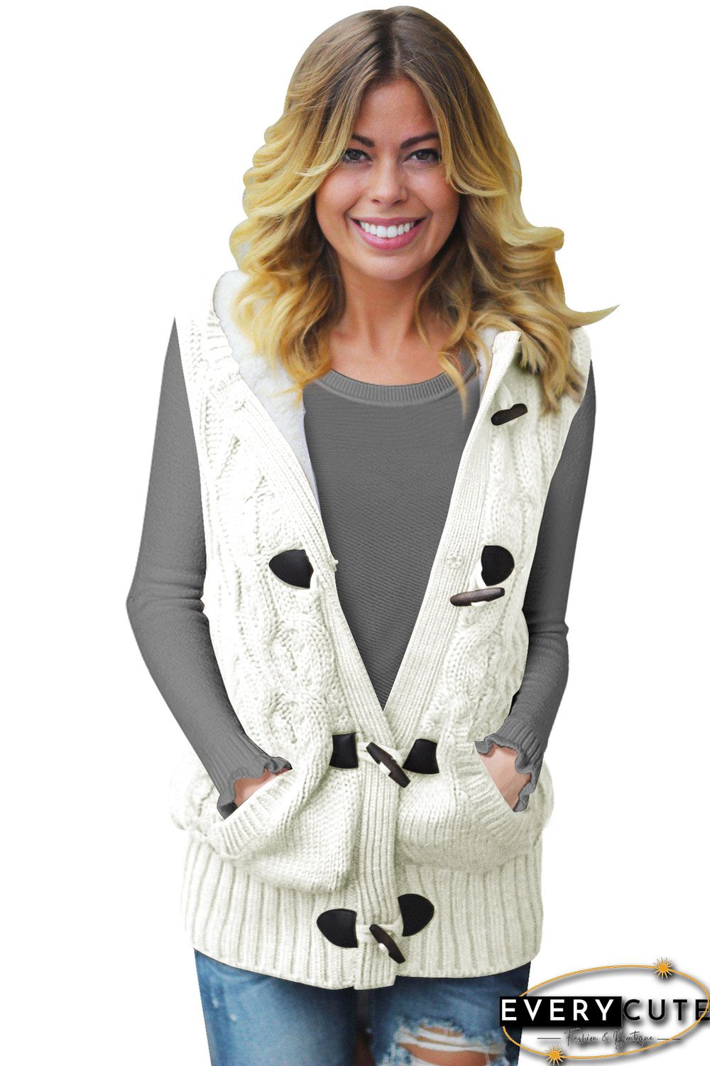 White Cable Knit Hooded Sweater Vest