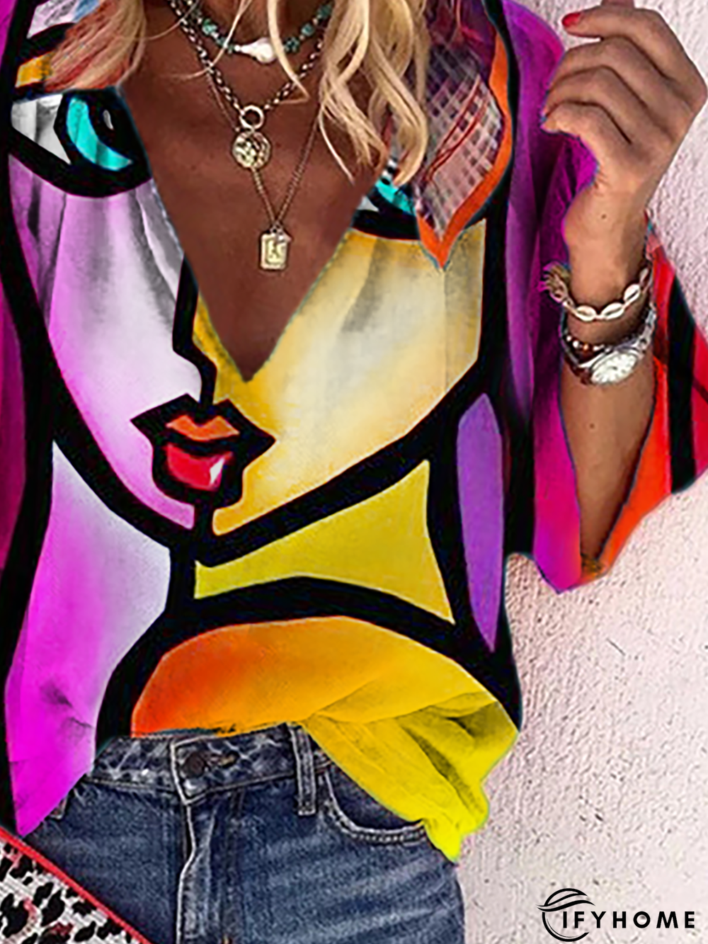 Plus size Hippie V Neck Abstract Printed Tops | IFYHOME