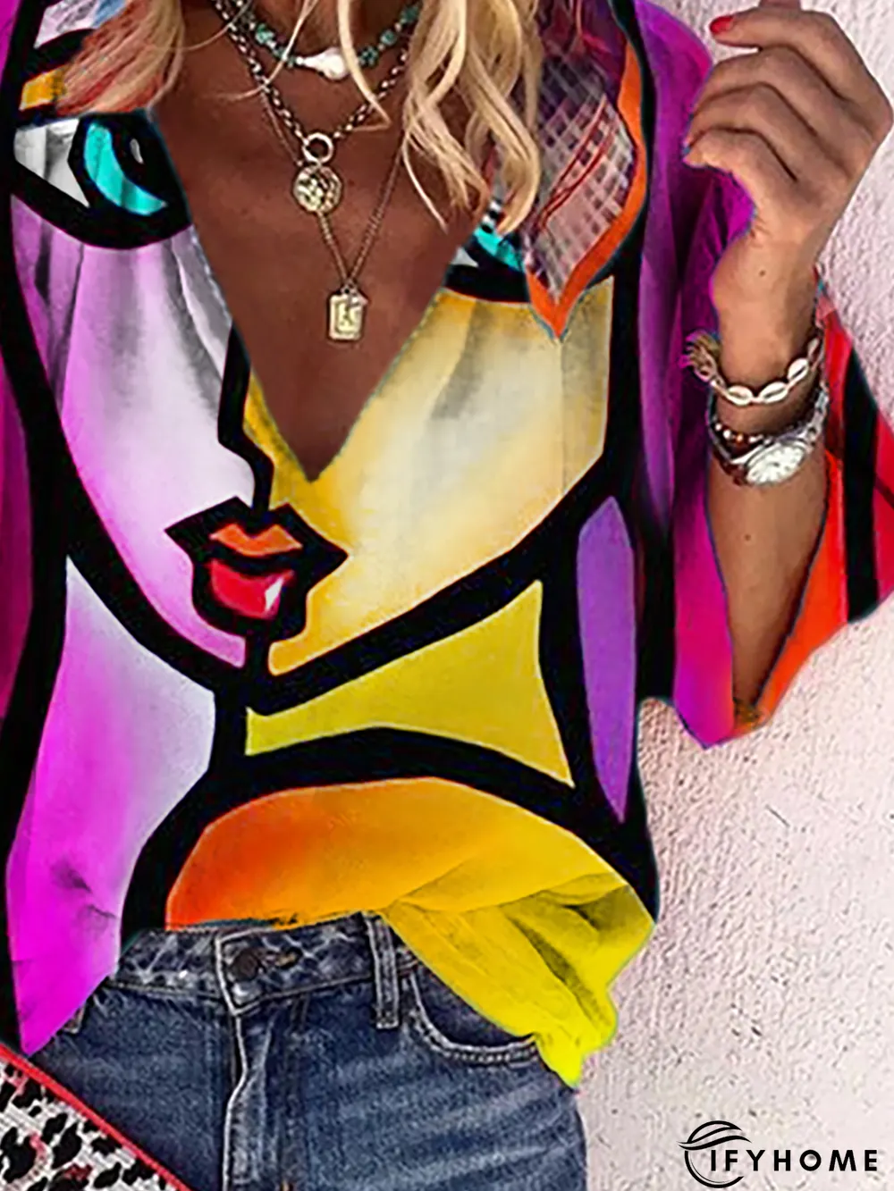 Plus size Hippie V Neck Abstract Printed Tops | IFYHOME