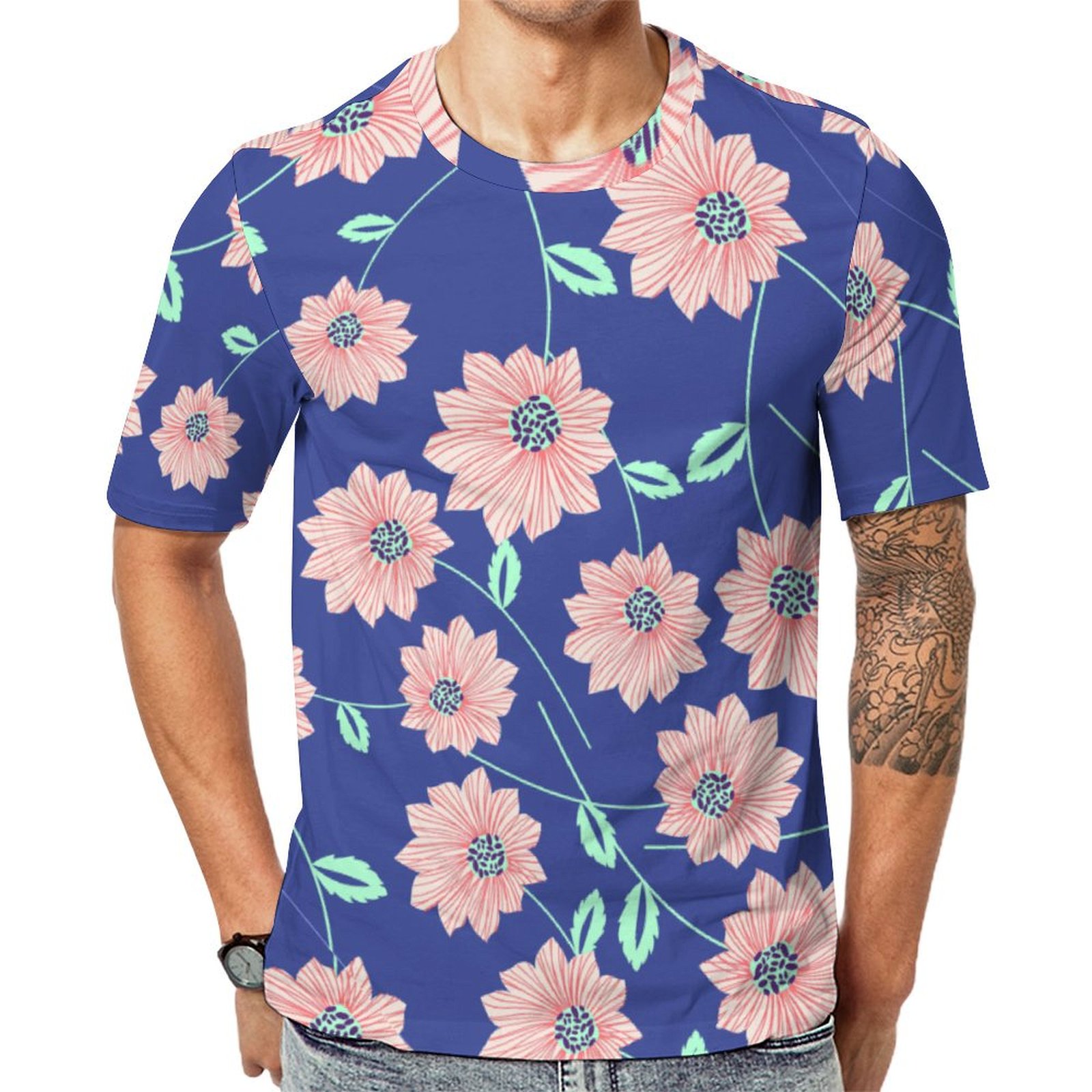 Garden Flowers Blue Pink Floral Short Sleeve Print Unisex Tshirt Summer Casual Tees for Men and Women Coolcoshirts