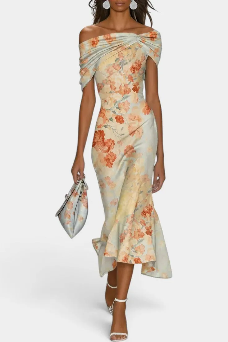 Off-Shoulder Floral Midi Dress with Twisted Drape