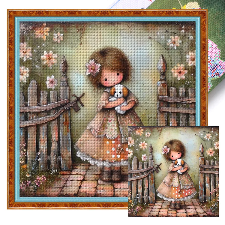 Girl Holding A Dog In The Garden (45*45cm) 11CT Stamped Cross Stitch gbfke