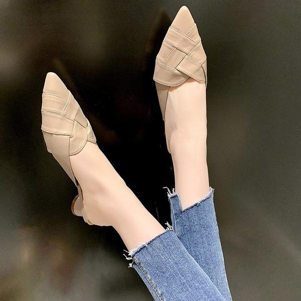 Qjong Woman 2022 Shallow Slippers Summer Female Mule Loafers Pantofle Cover Toe Luxury Slides Square heel Low Mules New Pointed