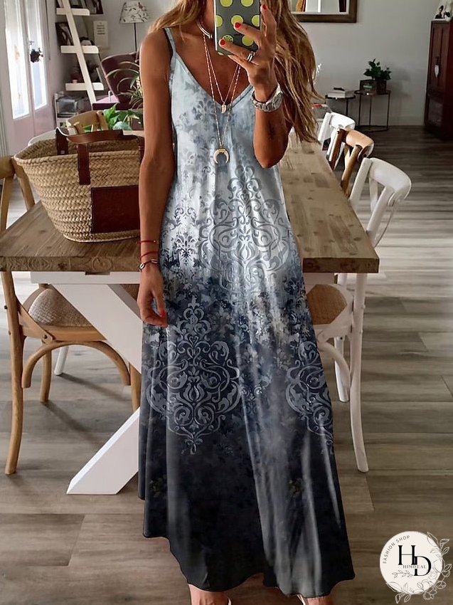 Casual Dress Summer Dress Slip Dress Graphic Print V Neck Long Dress Maxi Dress Active Fashion Outdoor Holiday Sleeveless Regular Fit Black Royal Blue Blue Summer S M L XL XXL for Women