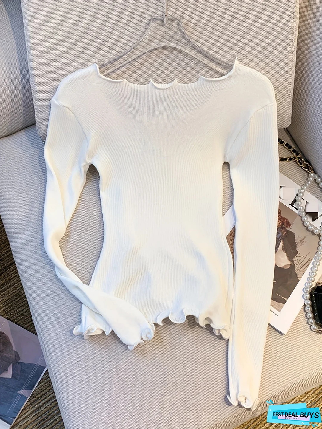 Solid Lettuce Trim Bowknot Pullover Sweater, Casual Long Sleeve Sweater For Spring & Fall, Women's Clothing