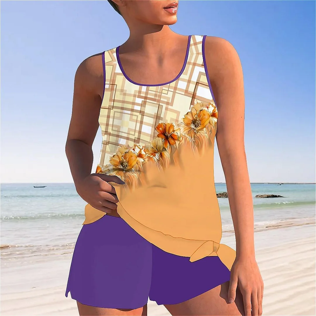 Bowknot Yellow,Plaid,Floral Mid Waisted Tankini Set - Plus Size Available