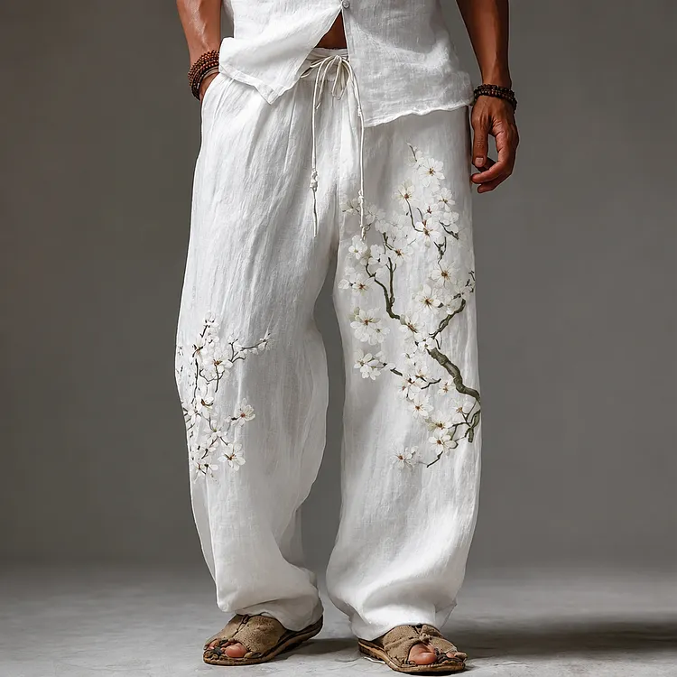 Men's Japanese Almond Blossom Flowy Linen Wide Leg Pants