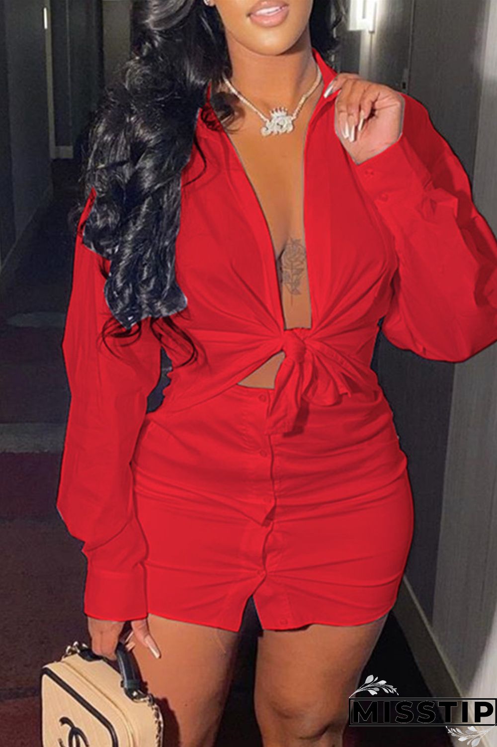 Coffee Fashion Sexy Solid Basic Turndown Collar Long Sleeve Two Pieces