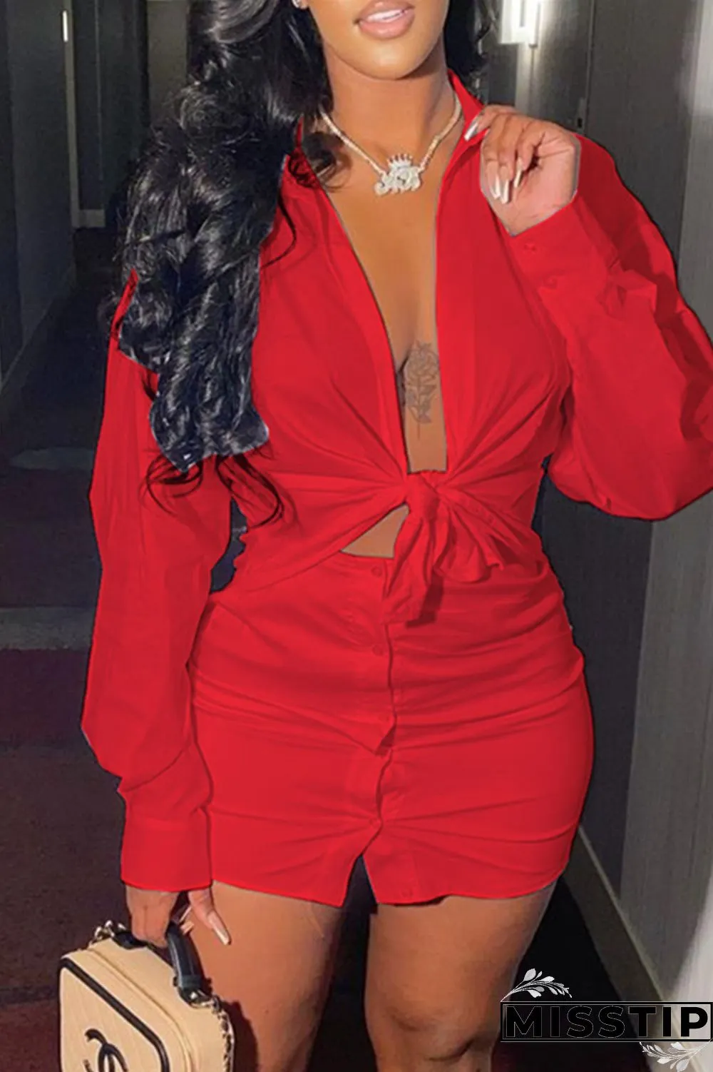 Coffee Fashion Sexy Solid Basic Turndown Collar Long Sleeve Two Pieces