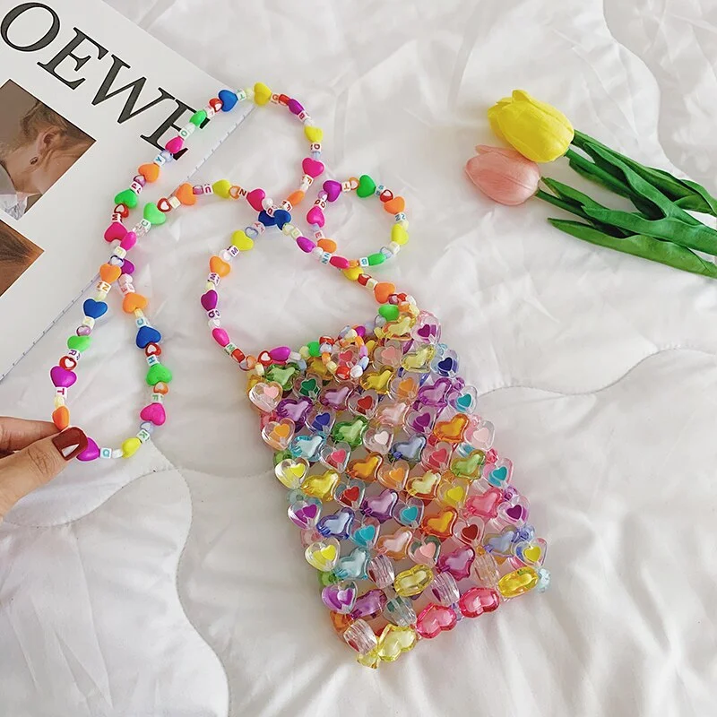 Jelly Color Love Beaded Bag DIY Hand Woven Bead Bag Female Summer Heart-shaped Armpit Bag  Luxury Designer Purses and Handbags