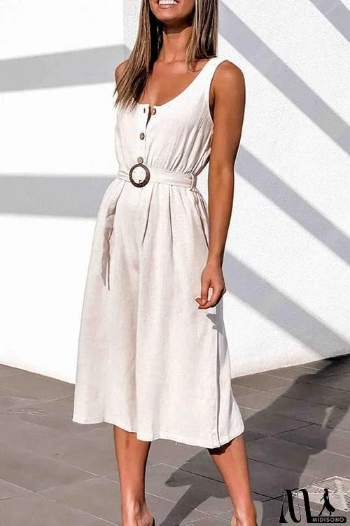 MidiSono - Button U Neck Sleeveless Belted Jumpsuit