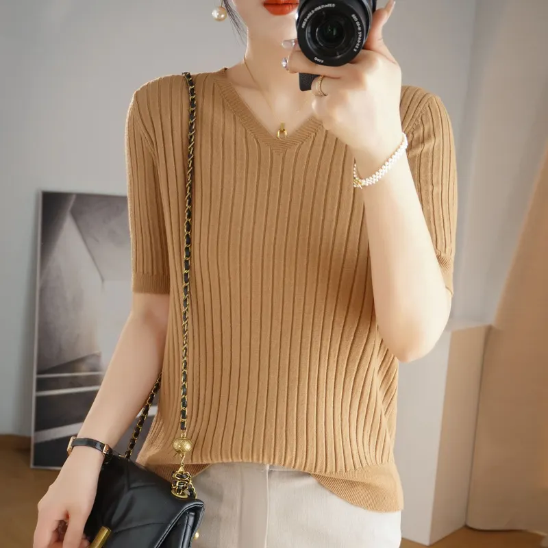 Churchf Churchf The Summer Of 2024, Women's Knit Short Sleeve Korean V-Neck Solid Color T-Shirt And A Pit Top