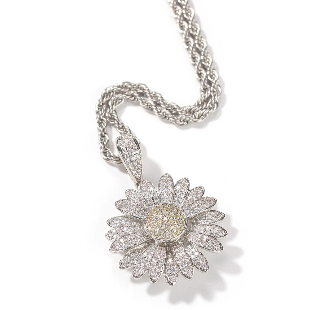 Rotatable Zircon Sunflower Full Diamond Necklace Hip Hop Rap Accessories-VESSFUL